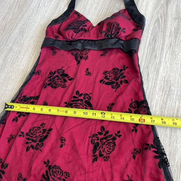 Y2K Red & Black Glitter Rose Sheer Applique Halter Dress Mall Goth Emo Vampire - Picture 5 of 8